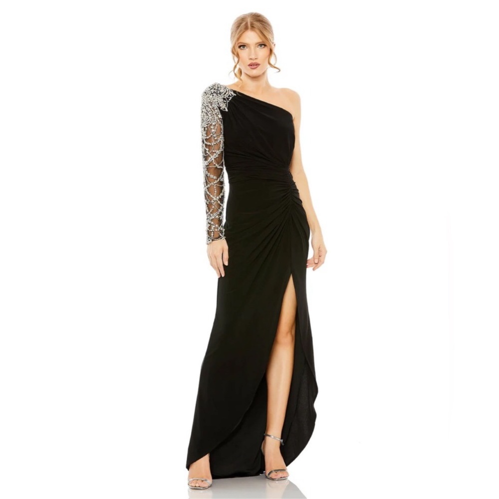 Mac Duggal Embellished one Shoulder Long Sleeve Gown